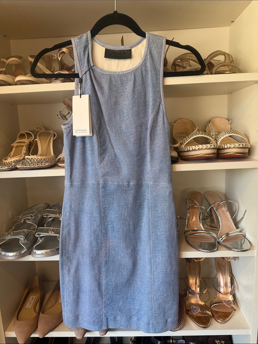 SPRWMN Sleeveless Light Blue Denim Suede Shift Dress